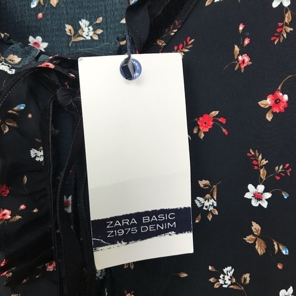 Zara Basic Denim z1975 Black Floral Tie Neck Long Sleeve Blouse NWT Medium - Picture 10 of 12